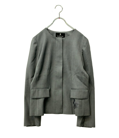 美品 LANVIN collection ノーカラージャケット シルクウールスリーローズ刺繍 フロントボタン 比翼仕立て タグ付き 2411202 レディース SIZE 38 (S)