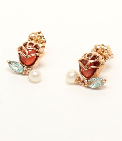 美品 ピアス K18 K10 ガーネット アクアマリン パール フラワーモチーフ 花モチーフ レディース