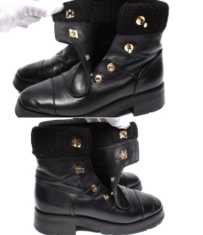 CHANEL ターンロック ココマーク レザー ニット ショートブーツ G45282 レディース SIZE 37 (24.5cm) シャネル