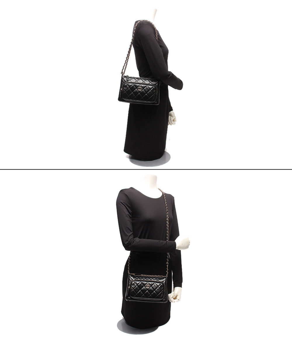 美品 CHANEL チェーンショルダーバッグ 肩掛け 斜め掛け シルバー金具 シングルチェーン シャイニークランプル マトラッセ ラムスキン AP4349