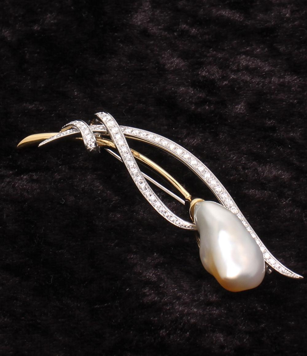 Uyeda Jeweller ブローチ K18 Pt950 バロックパール 約22x12mm ダイヤ レディース ウエダジュエラー