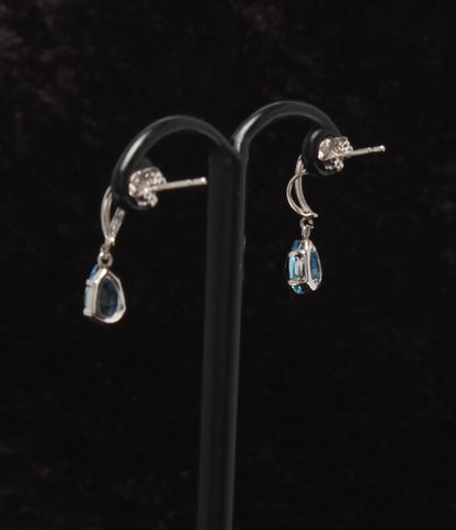 美品 ネックレス K14WG ブルートパーズ ダイヤ0.02ct ピアスK14WG ブルートパーズ 2点セット レディース