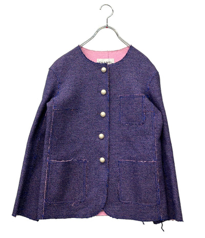 CHANEL ノーカラージャケット Fパールボタン ココマーク カットオフ ツイード メタリック ブルー ピンク 13SS P45867 レディース SIZE 36 (S)
