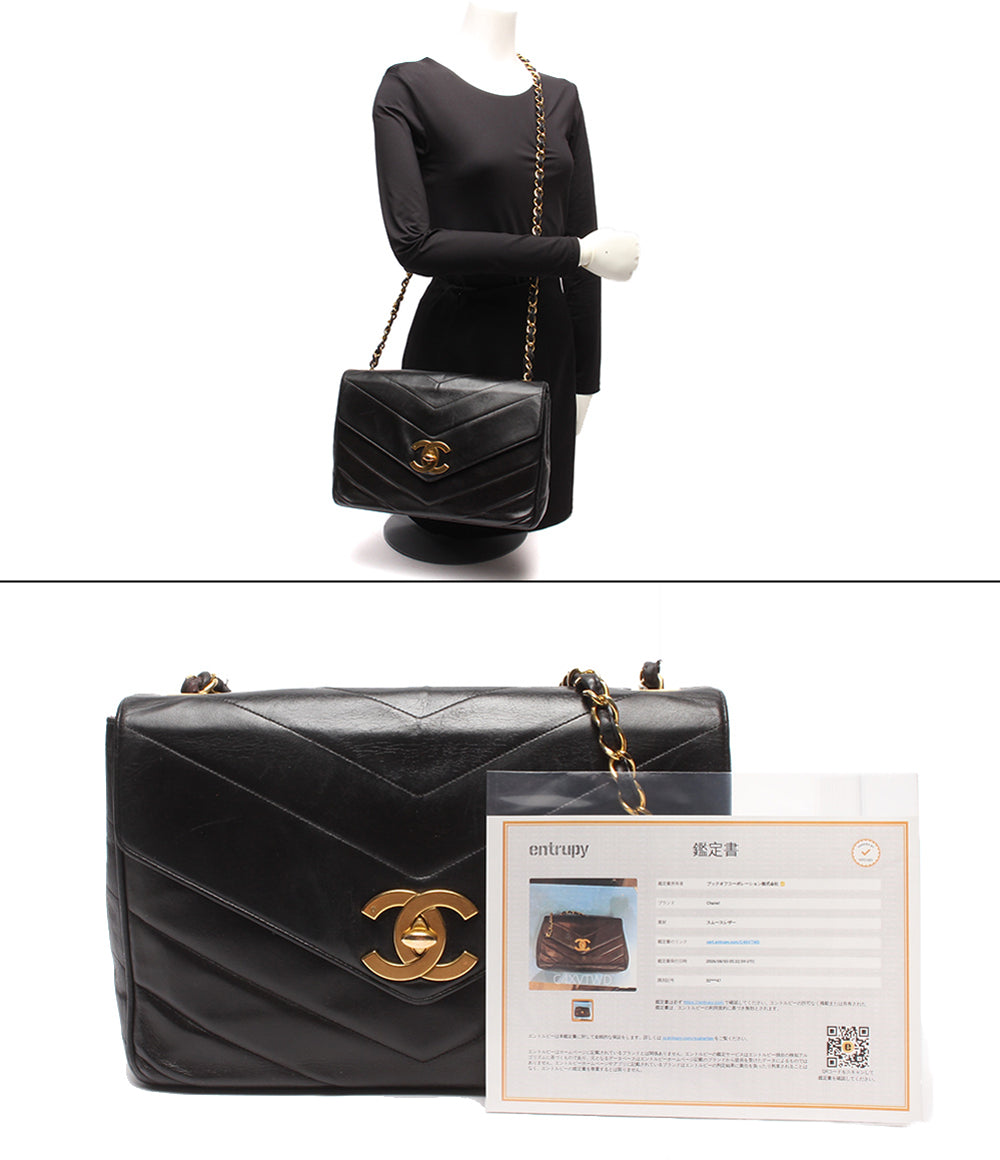 CHANEL チェーンショルダーバッグ 斜め掛け ゴールド金具 Vステッチ シェブロン シングルチェーン シングルフラップ ３番台 レディース シャネル