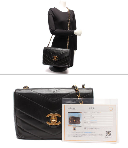 CHANEL チェーンショルダーバッグ 斜め掛け ゴールド金具 Vステッチ シェブロン シングルチェーン シングルフラップ ３番台 レディース シャネル