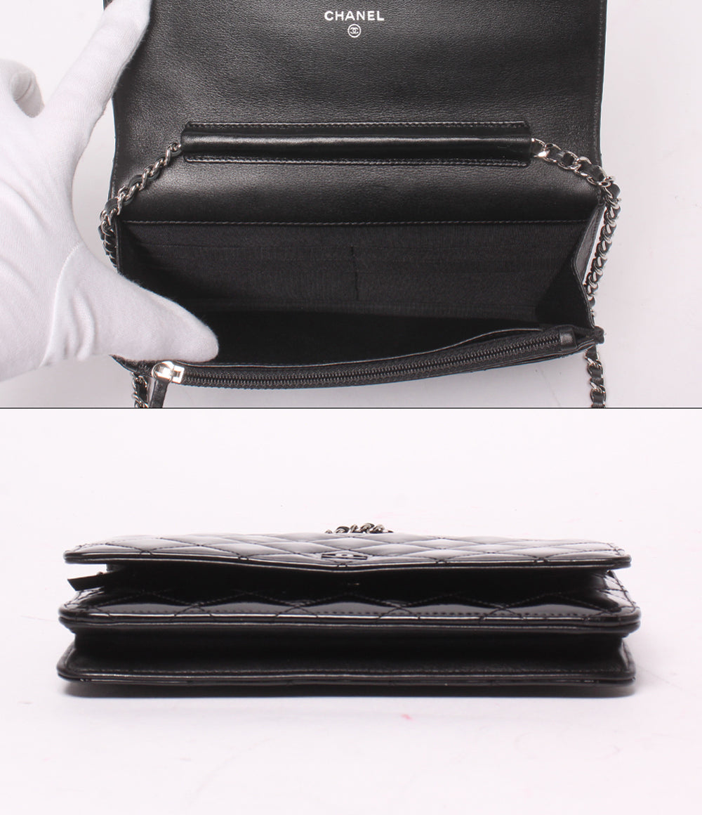 CHANEL チェーンウォレット ショルダーバッグ 斜め掛け シングルチェーン シングルフラップ シルバー金具 17番台 マトラッセ エナメル レディース