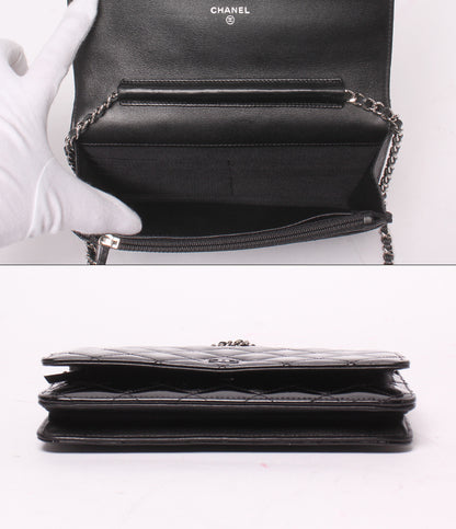 CHANEL チェーンウォレット ショルダーバッグ 斜め掛け シングルチェーン シングルフラップ シルバー金具 17番台 マトラッセ エナメル レディース