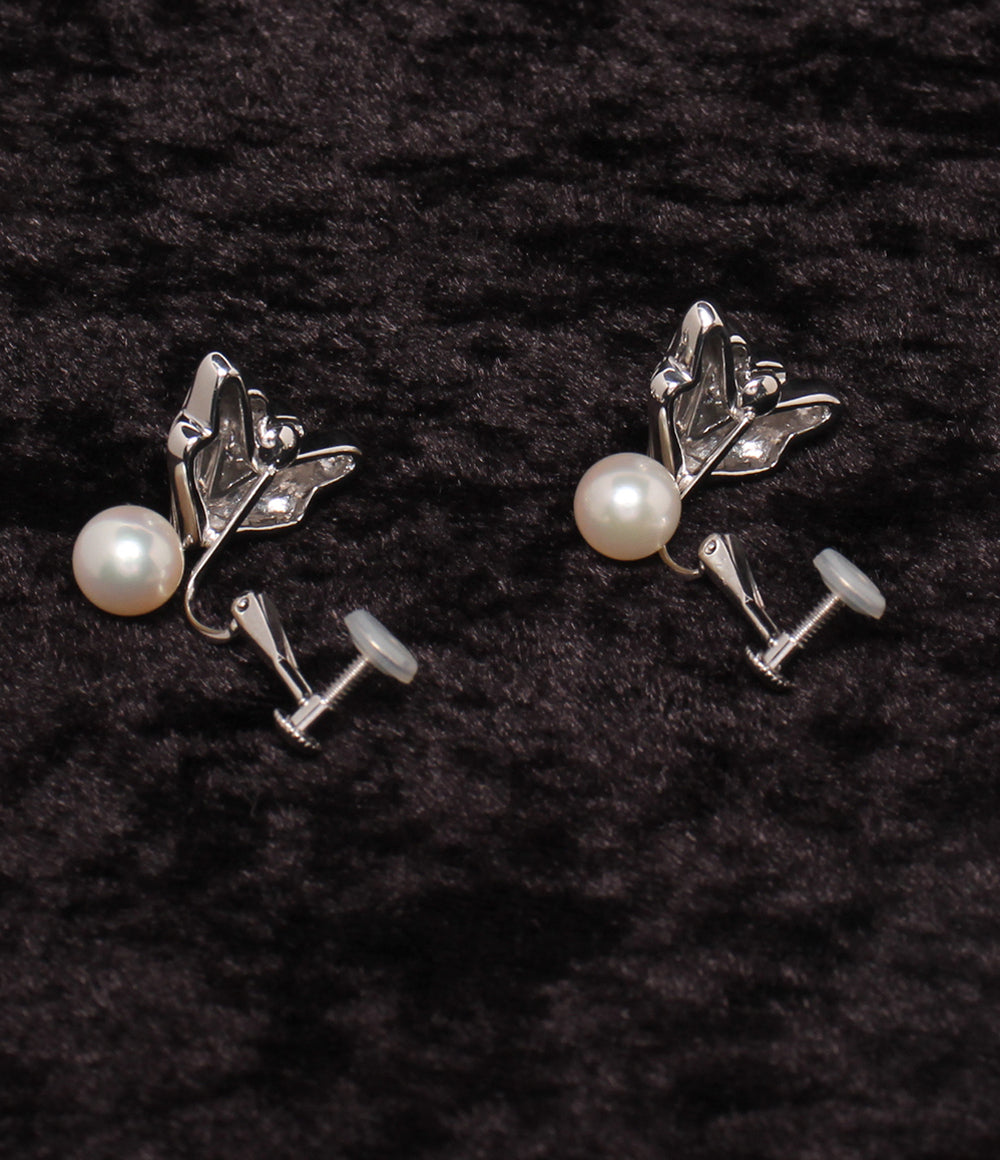 美品 MIKIMOTO イヤリング K14WG K18 パール7.5mm ダイヤ 0.34ct レディース ミキモト