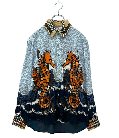 美品 BURBERRY 長袖シャツ モノグラム タツノオトシゴ 8024587 レディース SIZE 36 (S) バーバリー