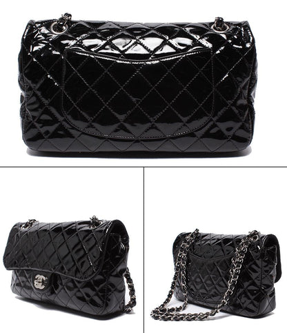 CHANEL チェーンショルダーバッグ ダブルチェーン シングルフラップ シルバー金具 パテントレザー マトラッセ エナメル レディース シャネル