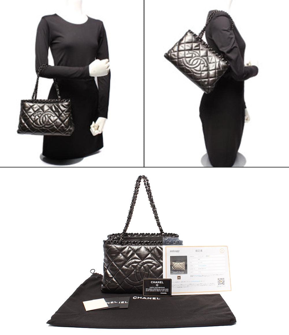 美品 シャネル チェーンショルダーバッグ トートバッグ 肩掛け メタリックグレー カーフスキン ブラック金具 チェーンミートート A50494 レディース