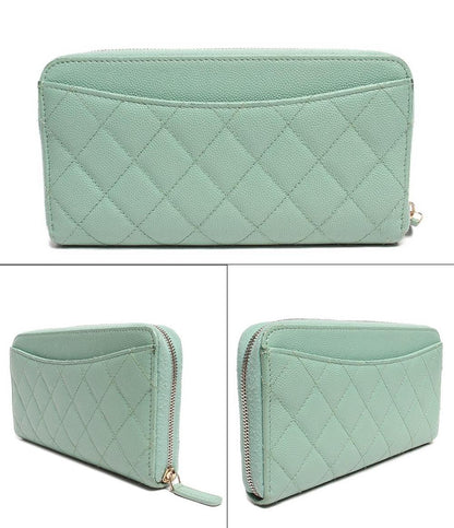 シャネル 長財布 ココマーク ラウンドジップ ライトグリーン系 マトラッセ キャビアスキン AP0242 レディース CHANEL