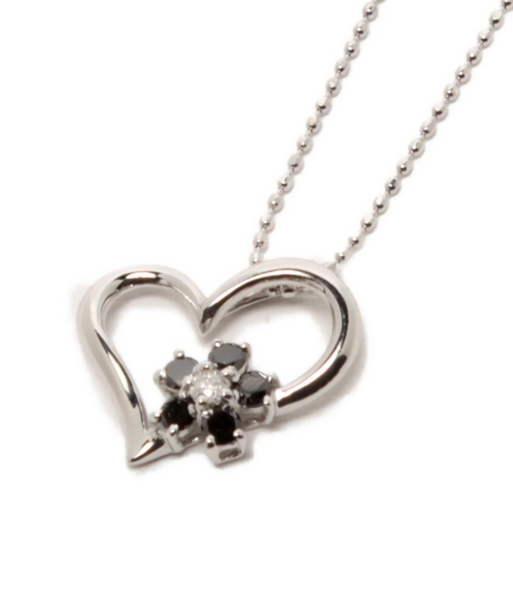 美品 ネックレス K10WG ダイヤ ブラックダイヤ 0.22ct ハートモチーフ フラワーモチーフ レディース