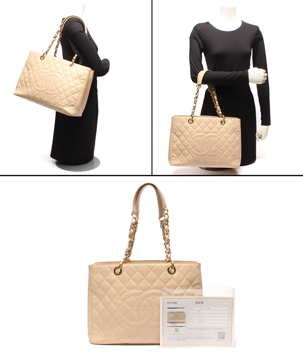 CHANEL チェーンショルダーバッグ トートバッグ 肩掛け ゴールド金具 マトラッセ キャビアスキン 13番台 グランドショッピングトート レディース