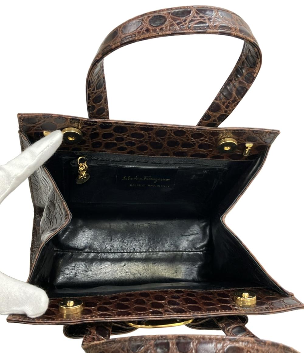 美品 フェラガモ ハンドバッグ ヴァラリボン クロコ型押し レザー ブラック 美品】Salvatore Ferragamo フェラガモ ハンドバッグ レザー クロコ型
