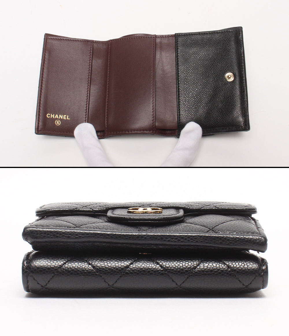 CHANEL 三つ折り財布 ゴールド金具 マトラッセ キャビアスキン レディース シャネル