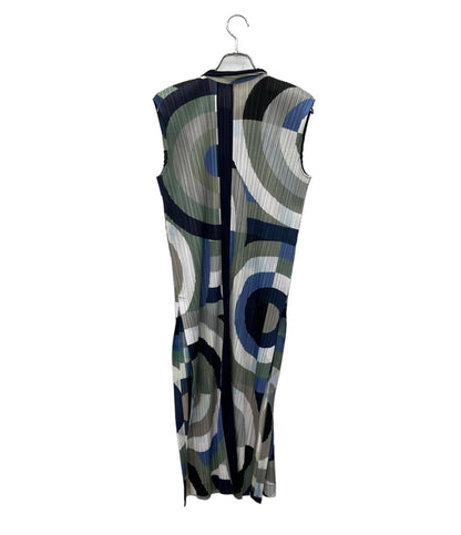 PLEATS PLEASE ノースリーブワンピース 18AW 総柄 幾何学模様 ロング丈 シャツ チュニック プリーツ PP83-JE743 レディース SIZE 3 (L)