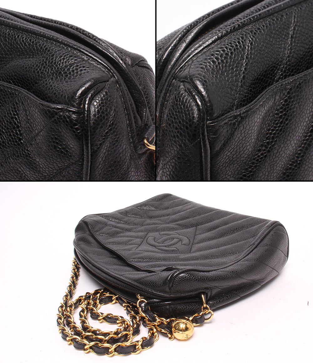CHANEL チェーンショルダーバッグ 斜め掛け ゴールド金具 キャビアスキン 3番台 バイアスステッチ レディース シャネル