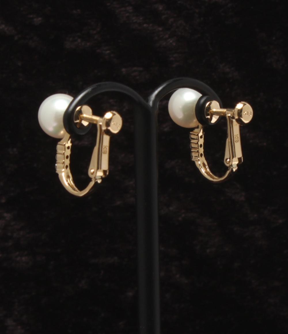 美品 イヤリング K18 パール 7.3mm ダイヤ 0.042ct レディース
