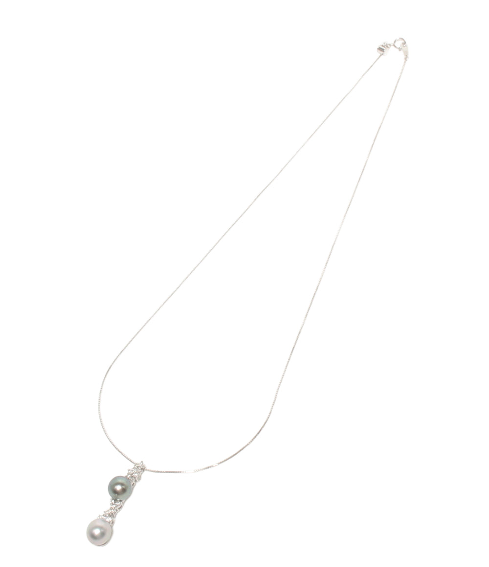 美品 ネックレス K18WG パール9.0mm 9.8mm ダイヤ0.40ct レディース