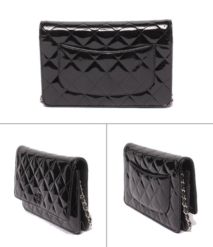 CHANEL チェーンウォレット ショルダーバッグ 斜め掛け シングルチェーン シングルフラップ シルバー金具 17番台 マトラッセ エナメル レディース