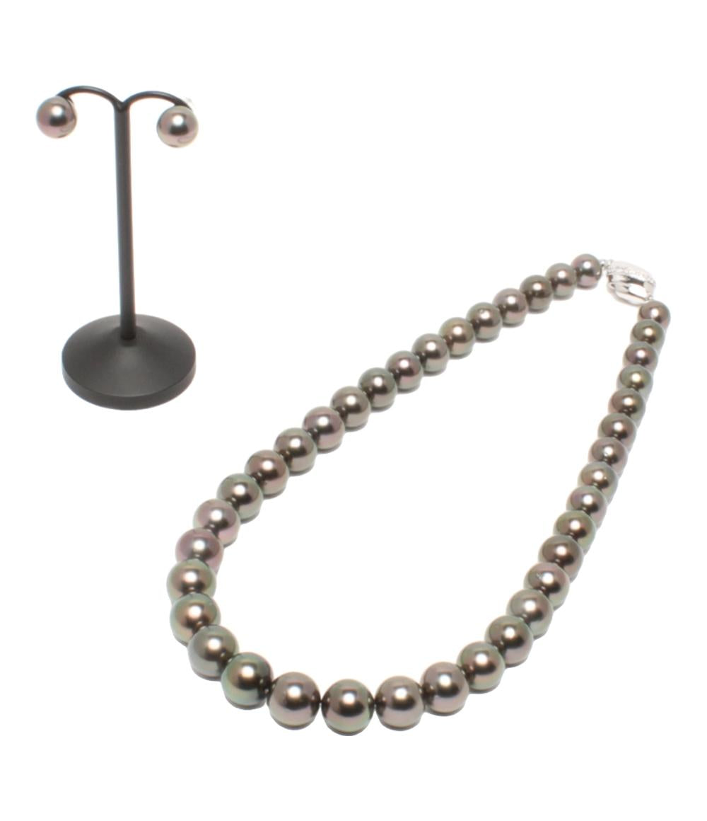 美品 ネックレス SV オーロラピーコック黒蝶真珠 9.2-11.9mm ピアス K14WG 黒蝶真珠10.1mm 2点セット レディース
