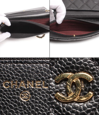 美品 シャネル チェーンウォレット ココマーク ゴールド金具 マトラッセ キャビアスキン レディース CHANEL