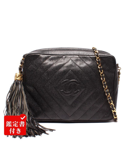 CHANEL チェーンショルダーバッグ ココマーク タッセル付き シェブロンステッチ ゴールド金具 キャビアスキン レディース シャネル