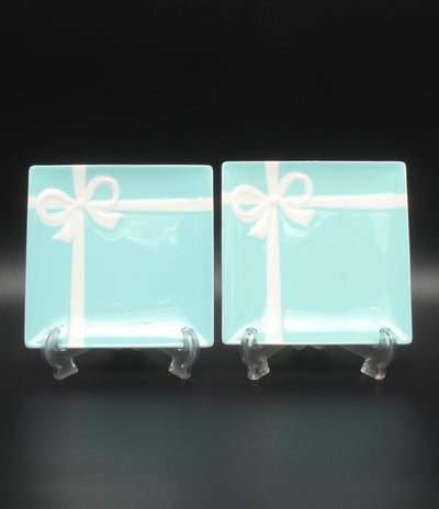 美品 Tiffany & Co. デザートプレート クスエア 皿 2点セット 14cm ブルーボウ ティファニー