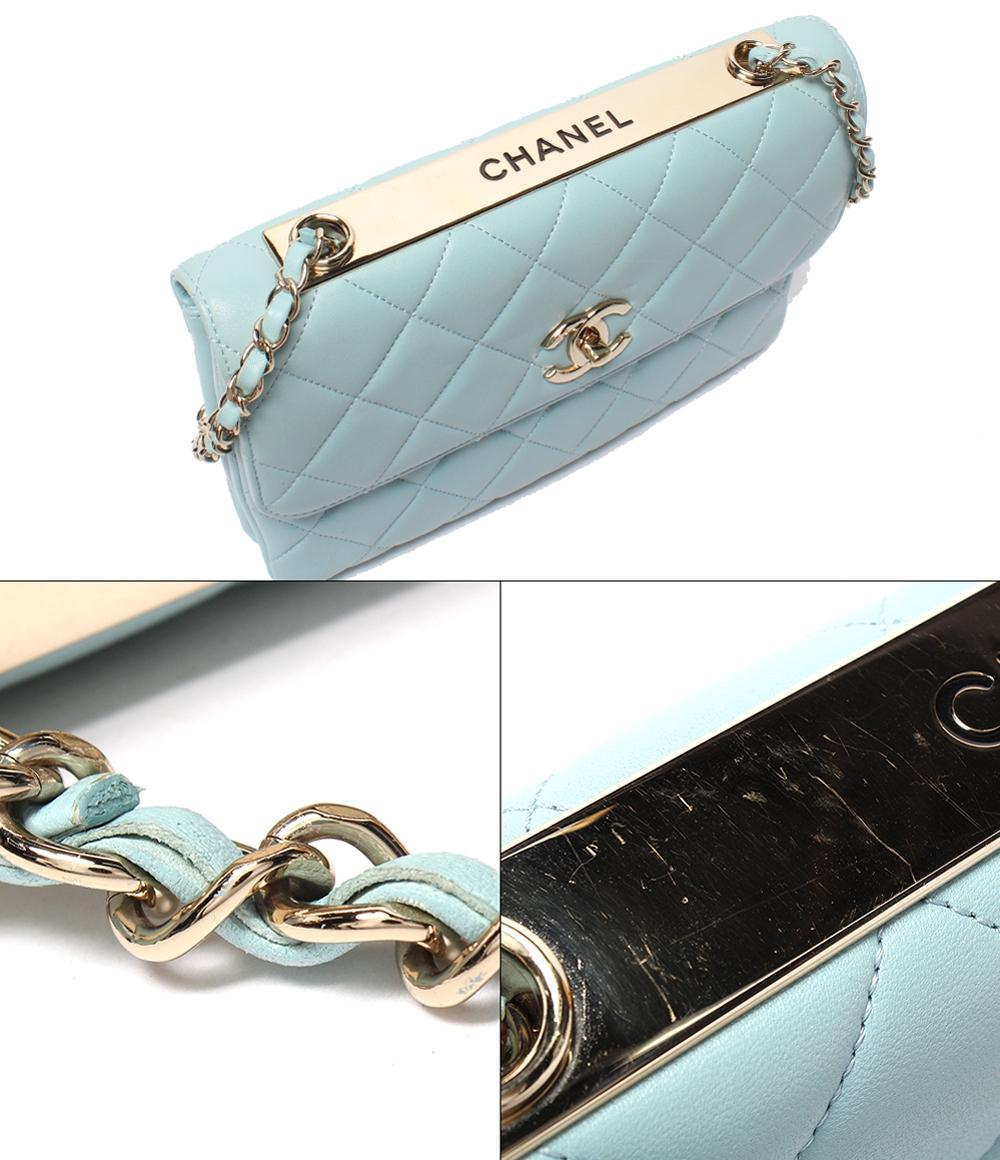 美品 CHANEL チェーンショルダーバッグ 肩掛け マトラッセ ゴールド金具 ラムスキン ライトブルー トレンディCC A92235 レディース シャネル