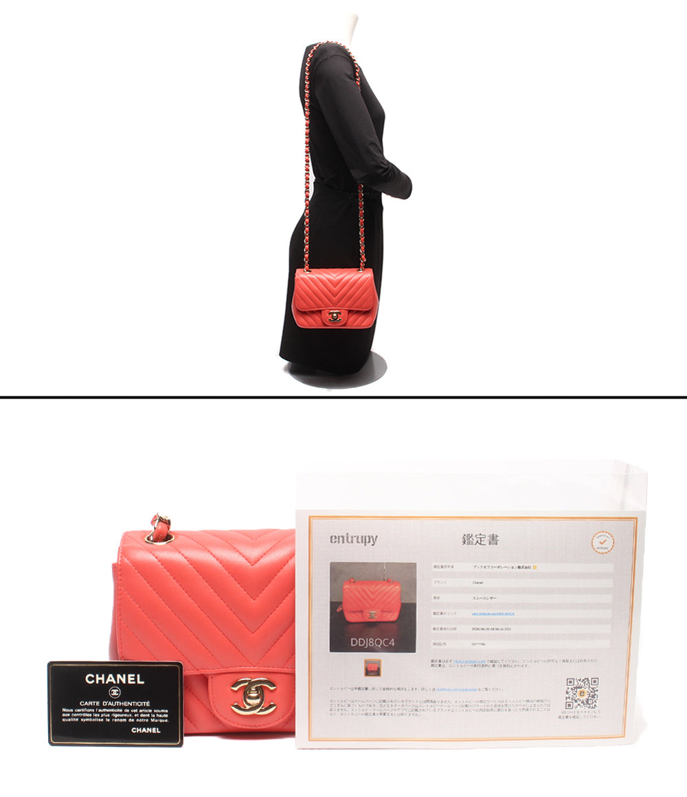 CHANEL チェーンショルダーバッグ 肩掛け ゴールド金具 Vステッチ シングルチェーン シングルフラップ シェブロン ラムスキン A35200 レディース