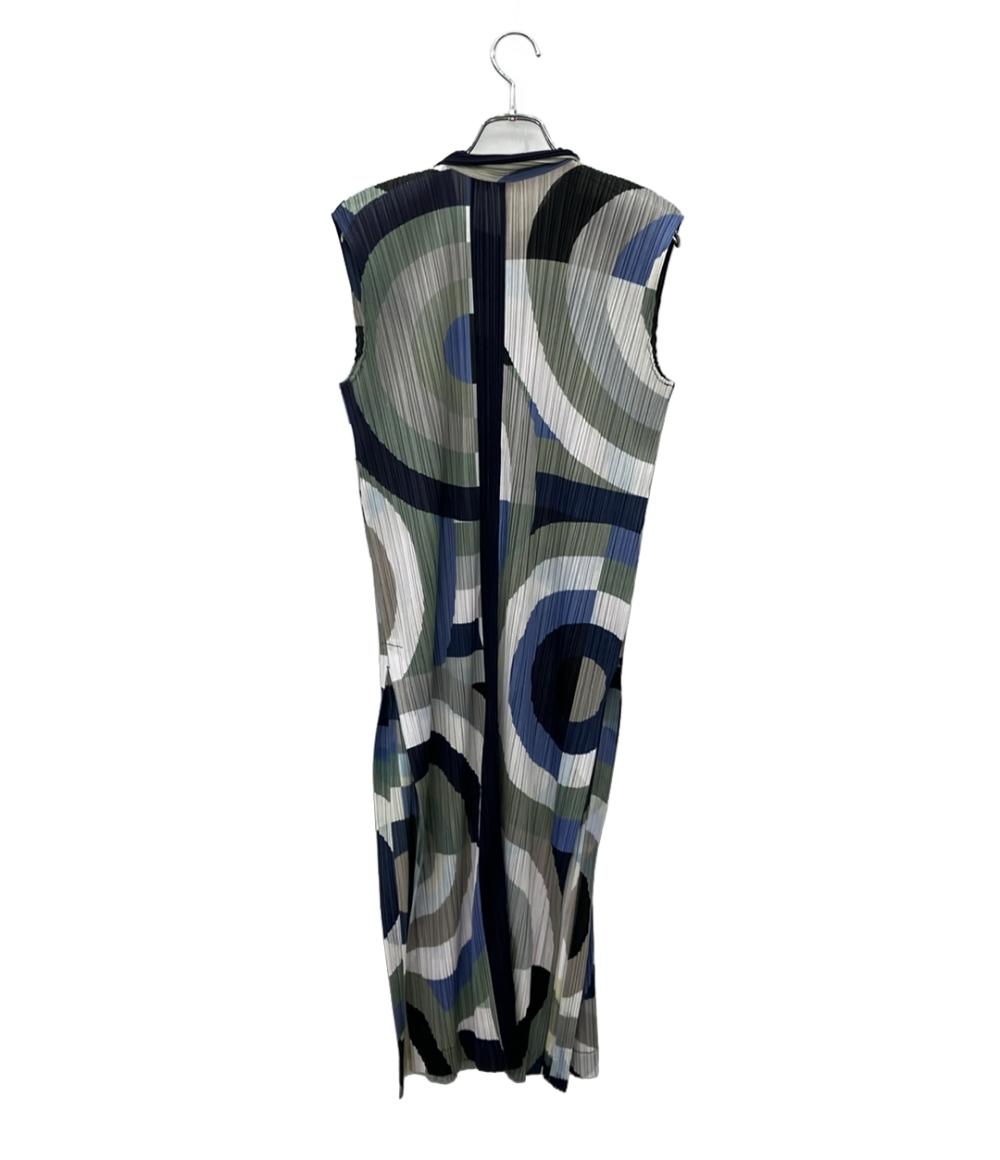 PLEATS PLEASE ノースリーブワンピース 18AW 総柄 幾何学模様 ロング丈 シャツ チュニック プリーツ PP83-JE743 レディース SIZE 3 (L)