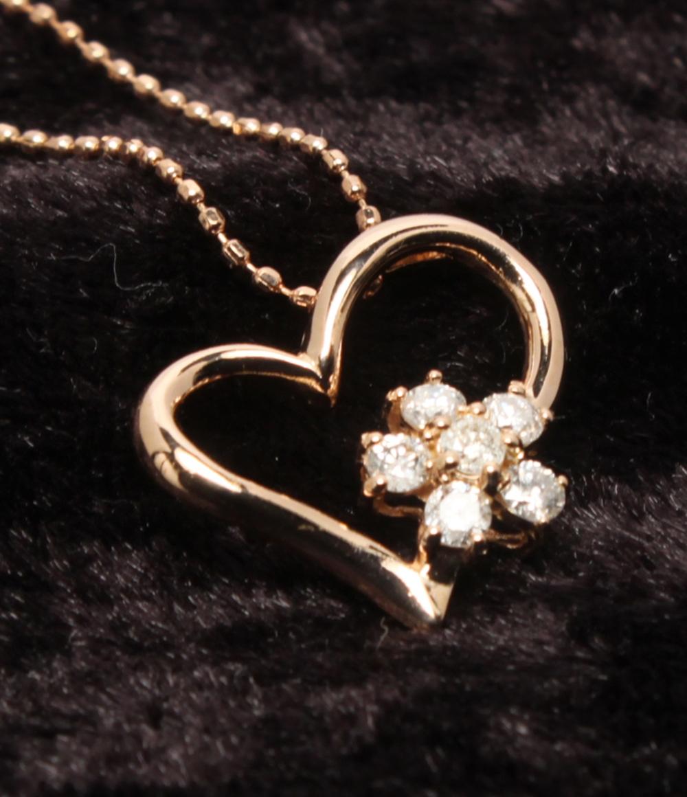 美品 ネックレス K14 ダイヤ 0.21ct ハートモチーフ レディース