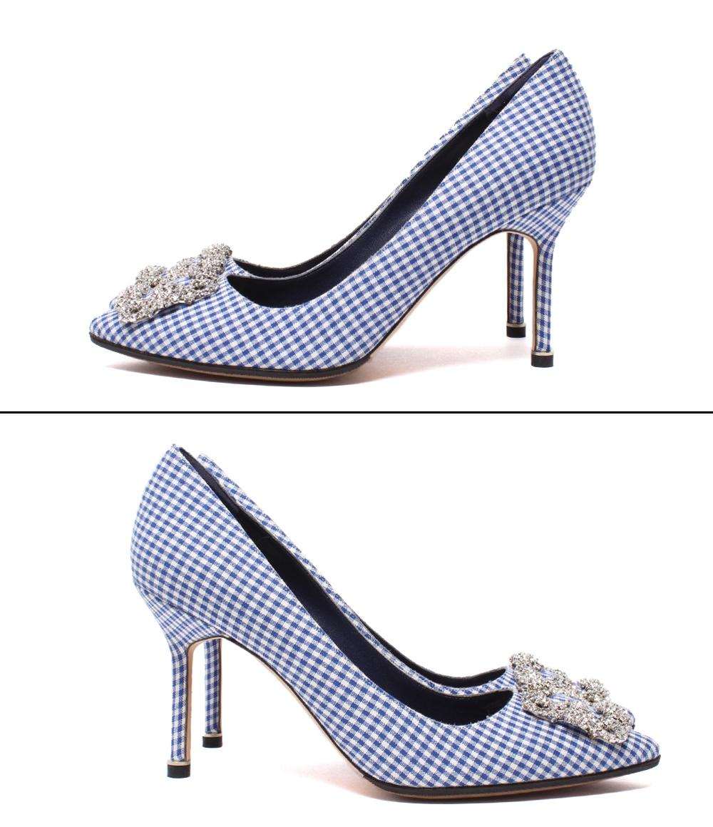 美品 MANOLO BLAHNIK ハイヒール パンプス ギンガムチェック ビジュー レディース SIZE 38 (25cm) マノロブラニク