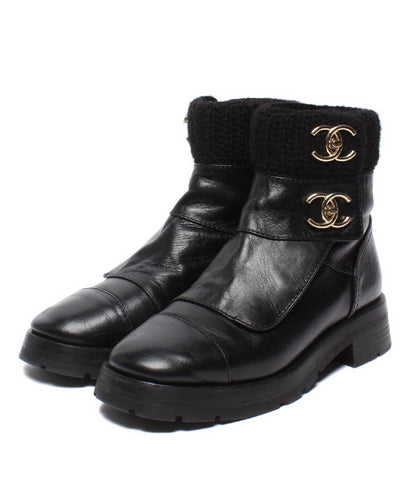CHANEL ターンロック ココマーク レザー ニット ショートブーツ G45282 レディース SIZE 37 (24.5cm) シャネル