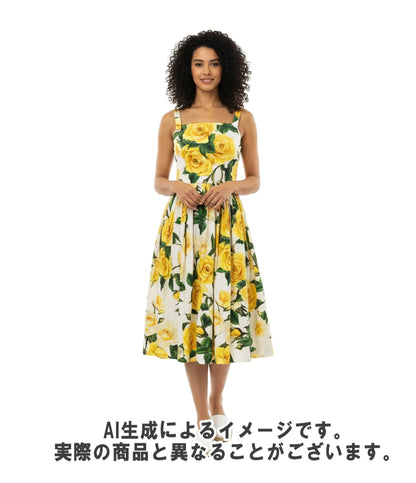 DOLCE & GABBANA ノースリーブワンピース Aライン ミディ丈 フロントボタン スクエアネック イエローローズプリント コットン サンドレス レディース