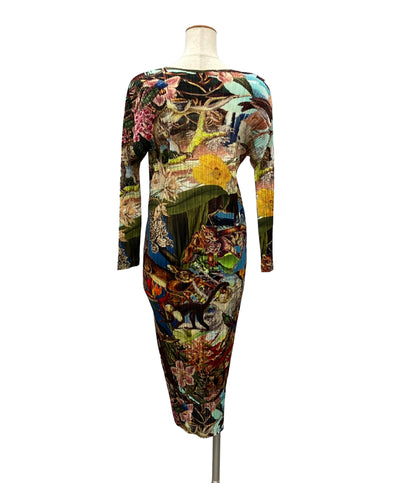 美品 PLEATS PLEASE 長袖 プリーツワンピース AURORA JUNGLE PP33JH725 レディース SIZE 2 (M) プリーツプリーズ