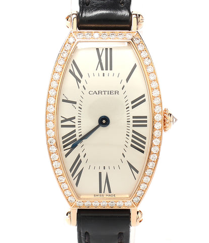 Cartier腕表K18PG情况下，真正的钻石表圈真皮腰带正品K18PG扣酒桶SM手卷银女士的卡地亚