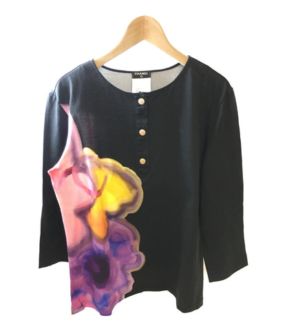Chanel Beauty Coco Mark 釦 Floral Print Jersey Long Sleeve Cut and Sewn Ladies SIZE 40 (L) CHANEL